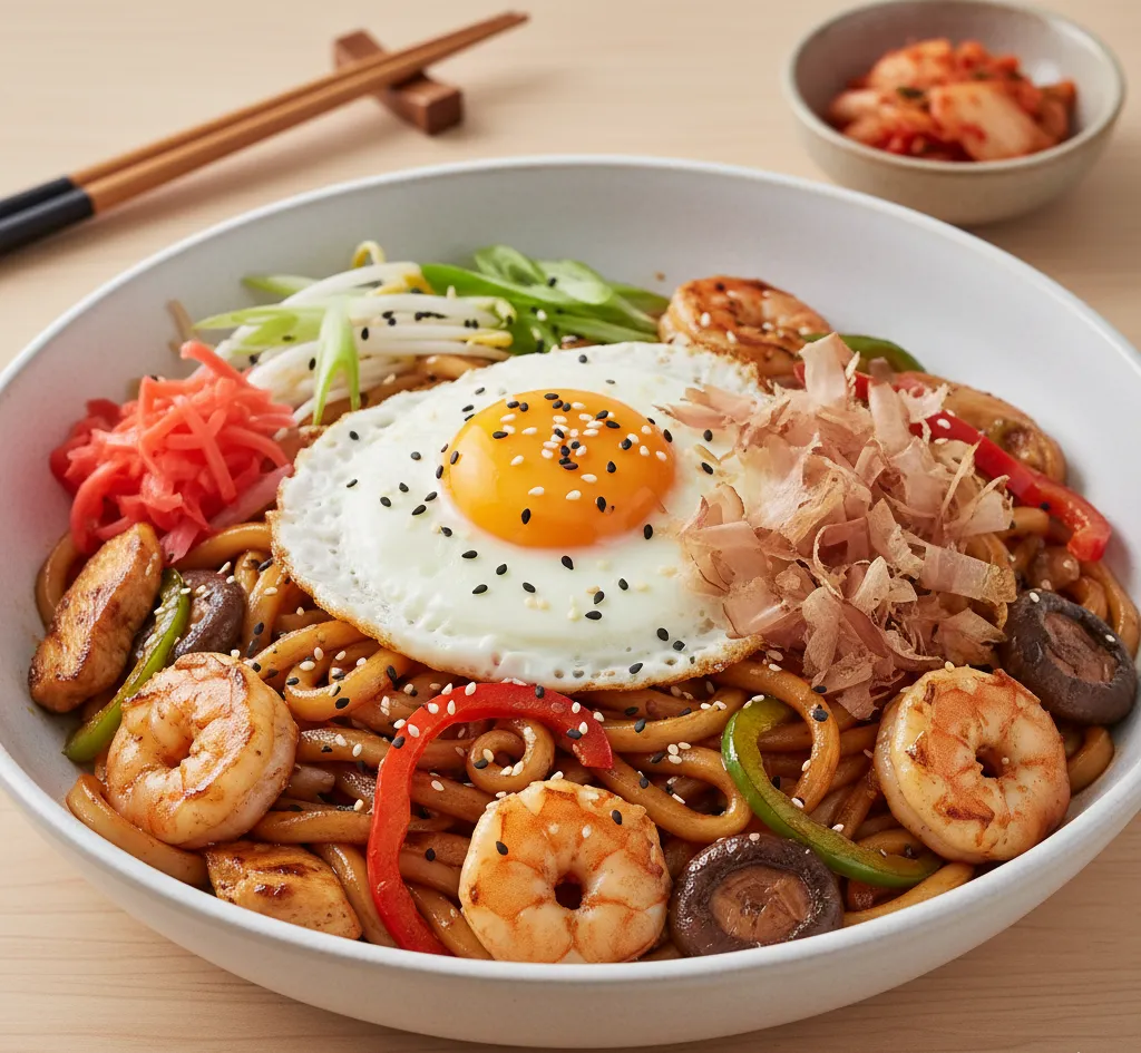 chicken + prawn yaki soba