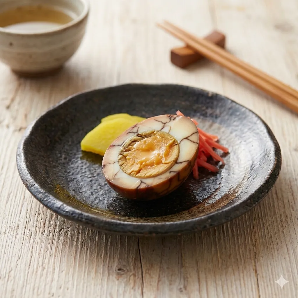 tea-stained egg
a boiled egg marinated in tea