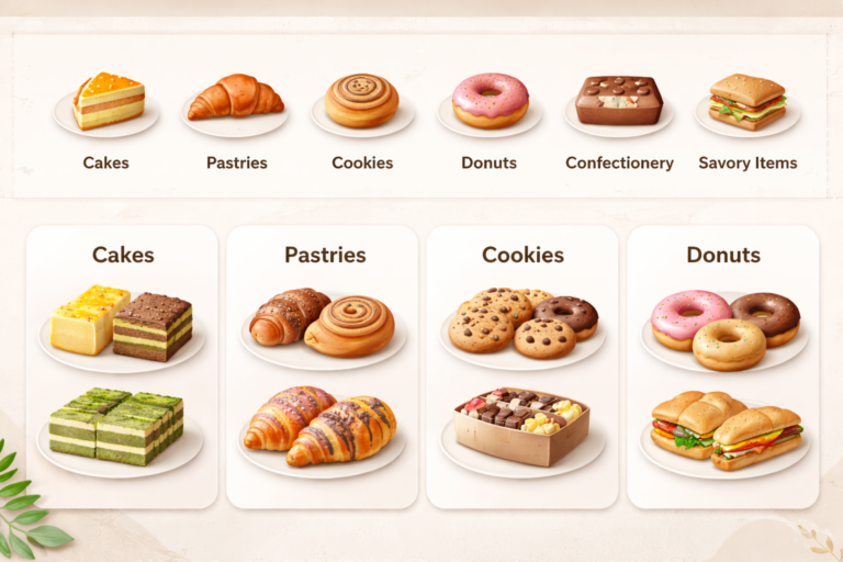 Bakery menu 2026 with cakes, pastries and sweet desserts in Japanese cafe style