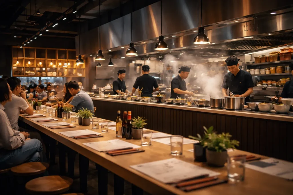 Modern Asian restaurant with open kitchen