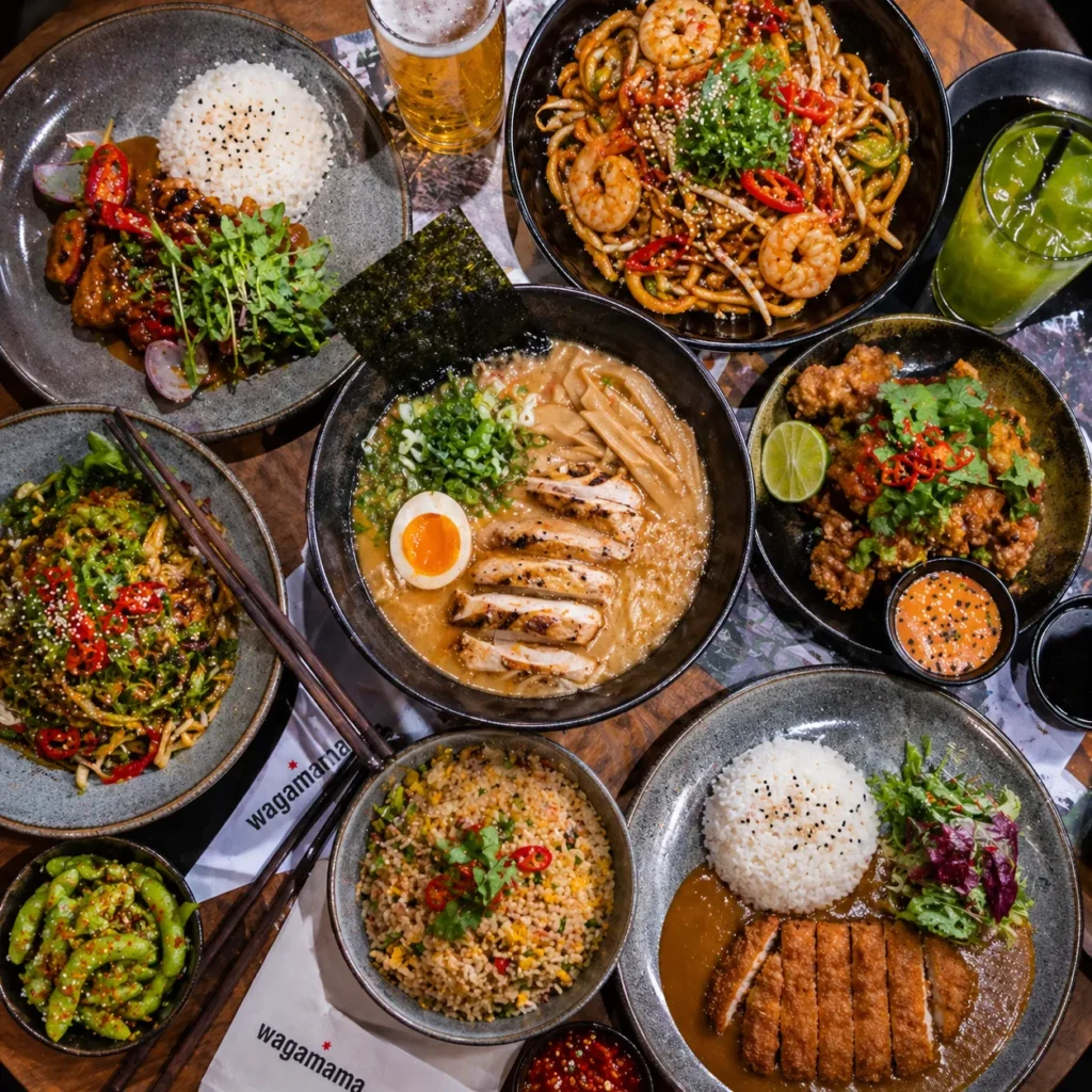 firecracker chicken, prawn dishes, rice bowls, and drinks,