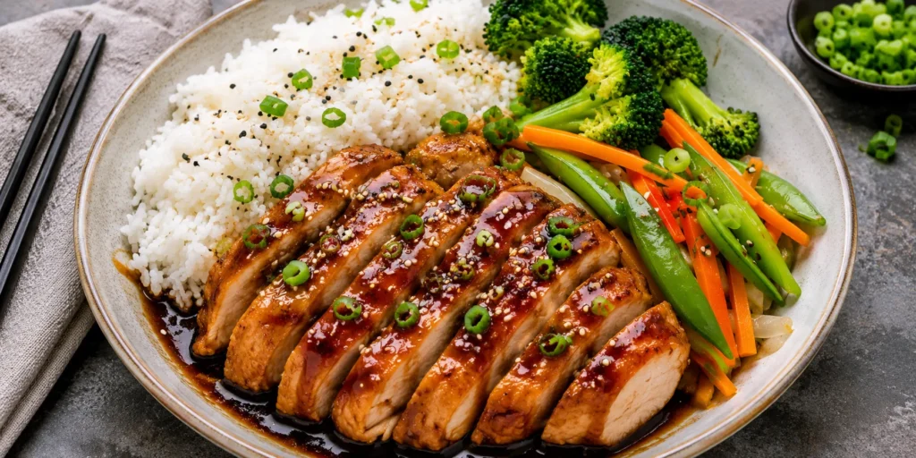 Chicken Teriyaki Wagamama served with steamed rice, broccoli, carrots, and glossy teriyaki sauce