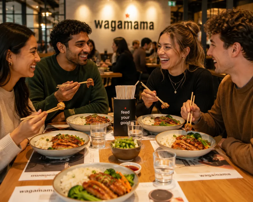 Japanese-style Wagamama Chicken Teriyaki with steamed rice, vegetables, sesame seeds, and rich teriyaki glaze