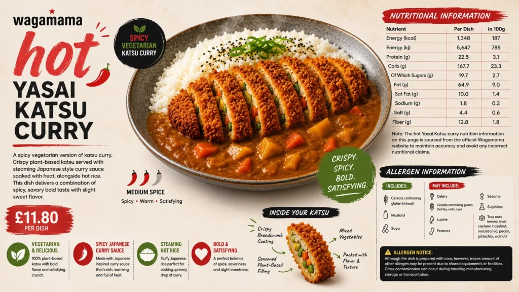 Wagamama Hot Yasai Katsu Curry nutrition and allergen infographic featuring calories, protein, carbs, fiber, and vegetarian curry information.