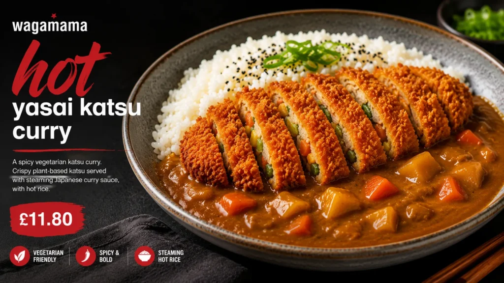 Hot Yasai Katsu Curry at Wagamama UK featuring crispy vegetable katsu, steamed rice, spicy Japanese curry sauce, and vegetarian-friendly ingredients.