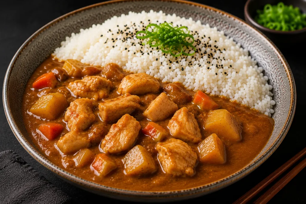 Japanese-style Chicken Raisukaree with tender chicken, aromatic curry sauce, vegetables, and steamed rice at Wagamama UK.