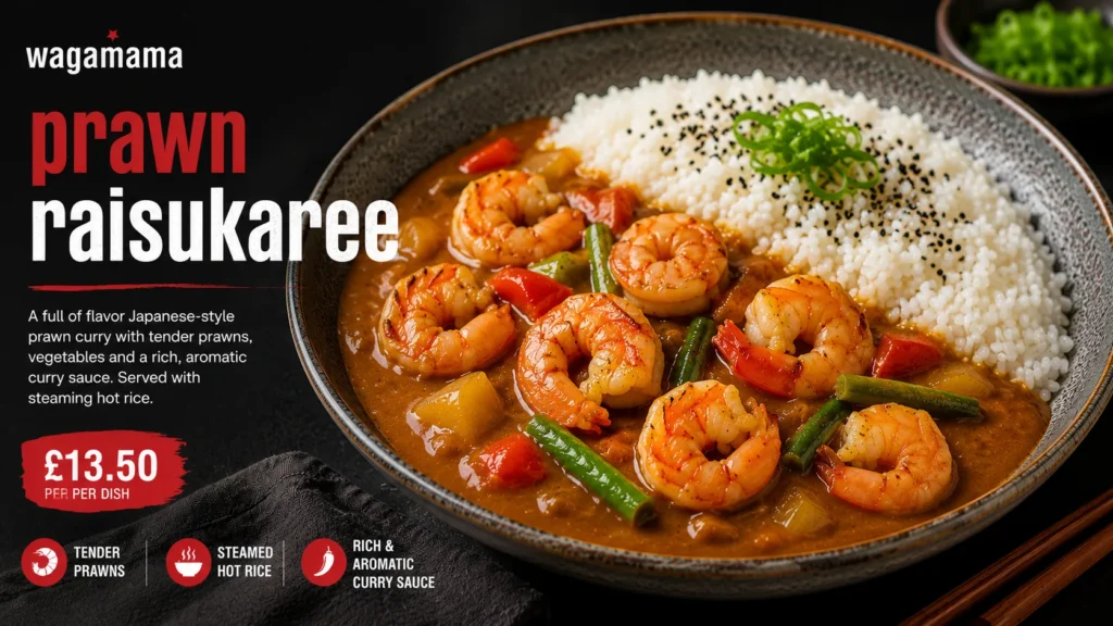 Prawn Raisukaree infographic showing nutrition facts, allergen information, ingredients, spice level, calories, and seafood curry details at Wagamama UK.