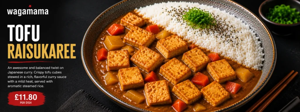 Wagamama Tofu Raisukaree infographic with nutrition facts, allergens, crispy tofu cubes, aromatic curry sauce, and steamed rice.