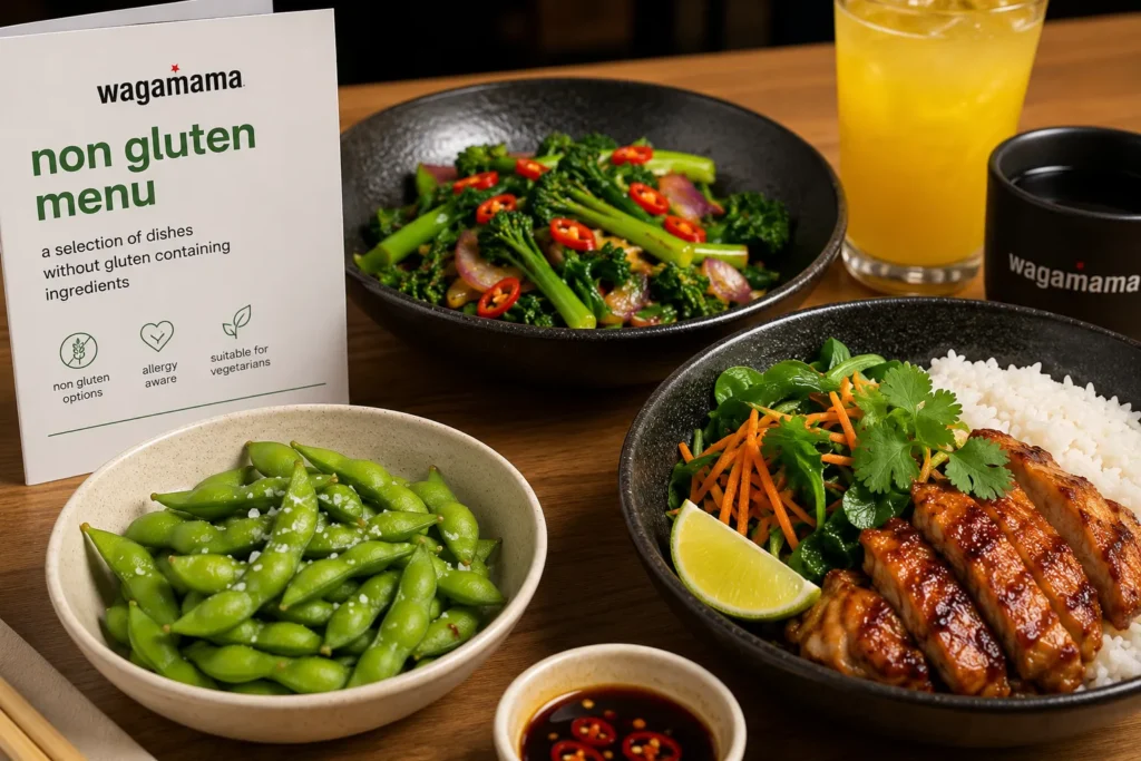 Wagamama gluten free meal with grilled chicken, rice, fresh vegetables, edamame, and allergy-friendly menu options.