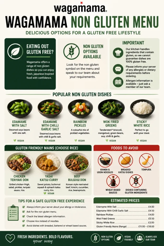 Wagamama non gluten menu infographic showing gluten free dishes, safe dining tips, prices, and popular gluten-friendly food options in the UK.