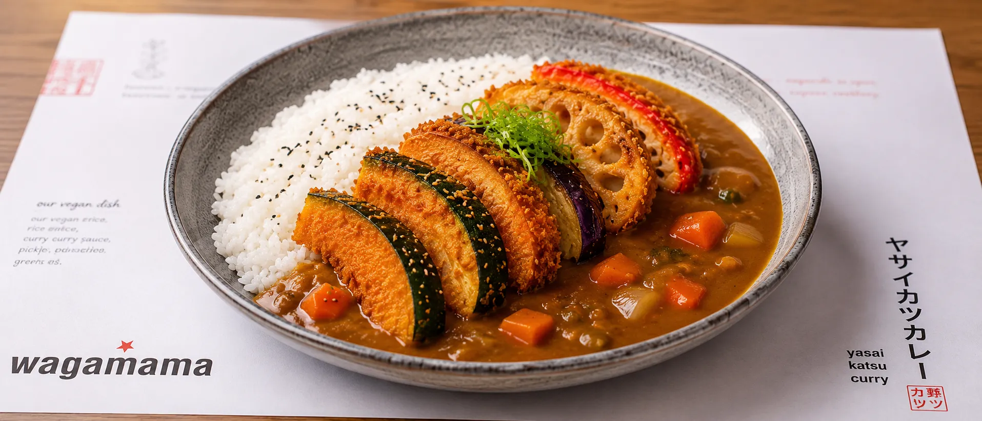 Yasai Katsu Curry served with crispy breaded vegetables, Japanese curry sauce, and steamed rice at Wagamama UK