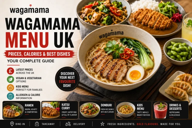 Wagamama Menu UK guide showing ramen, rice bowls, vegan dishes, allergen information, kids meals and takeaway options in the United Kingdom.