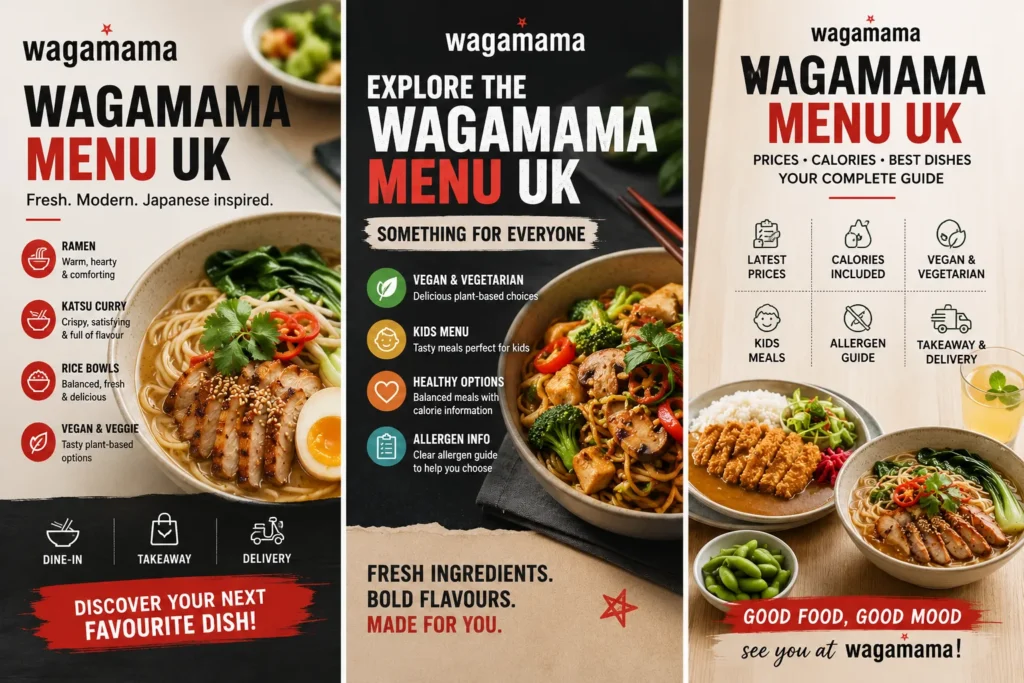 Wagamama Menu UK with prices, calories, ramen, chicken katsu curry, donburi rice bowls, edamame and Japanese-inspired restaurant dishes.