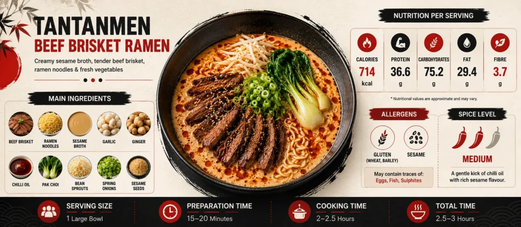 Tantanmen Beef Brisket Ramen nutrition infographic showing calories, protein, ingredients, allergens, and cooking information