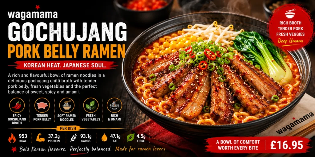 Wagamama Gochujang Pork Belly Ramen with spicy Korean broth and tender pork belly