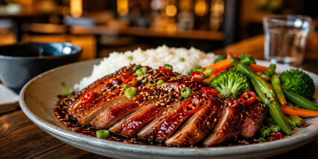 Grilled Duck Firecracker Sauce Wagamama served with steamed rice and fresh vegetables in a modern Japanese-inspired restaurant