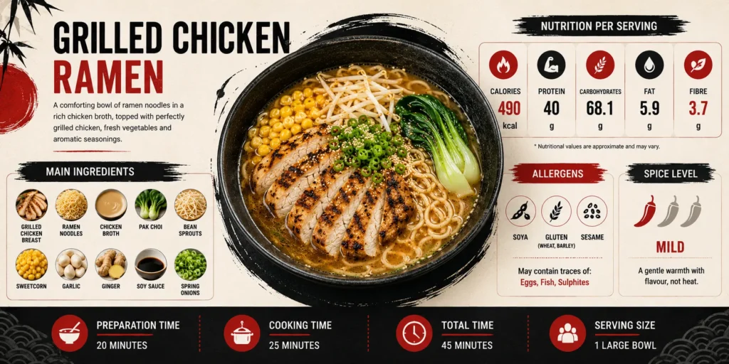 Grilled Chicken Ramen nutrition infographic showing calories, protein, ingredients, allergens, and serving information