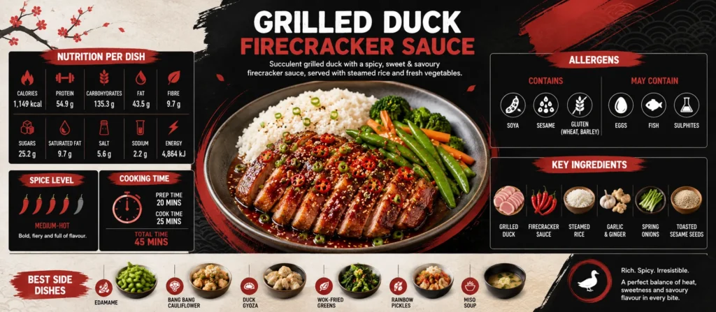 Grilled Duck Firecracker Sauce nutrition infographic showing calories, protein, ingredients, allergens, and spice level