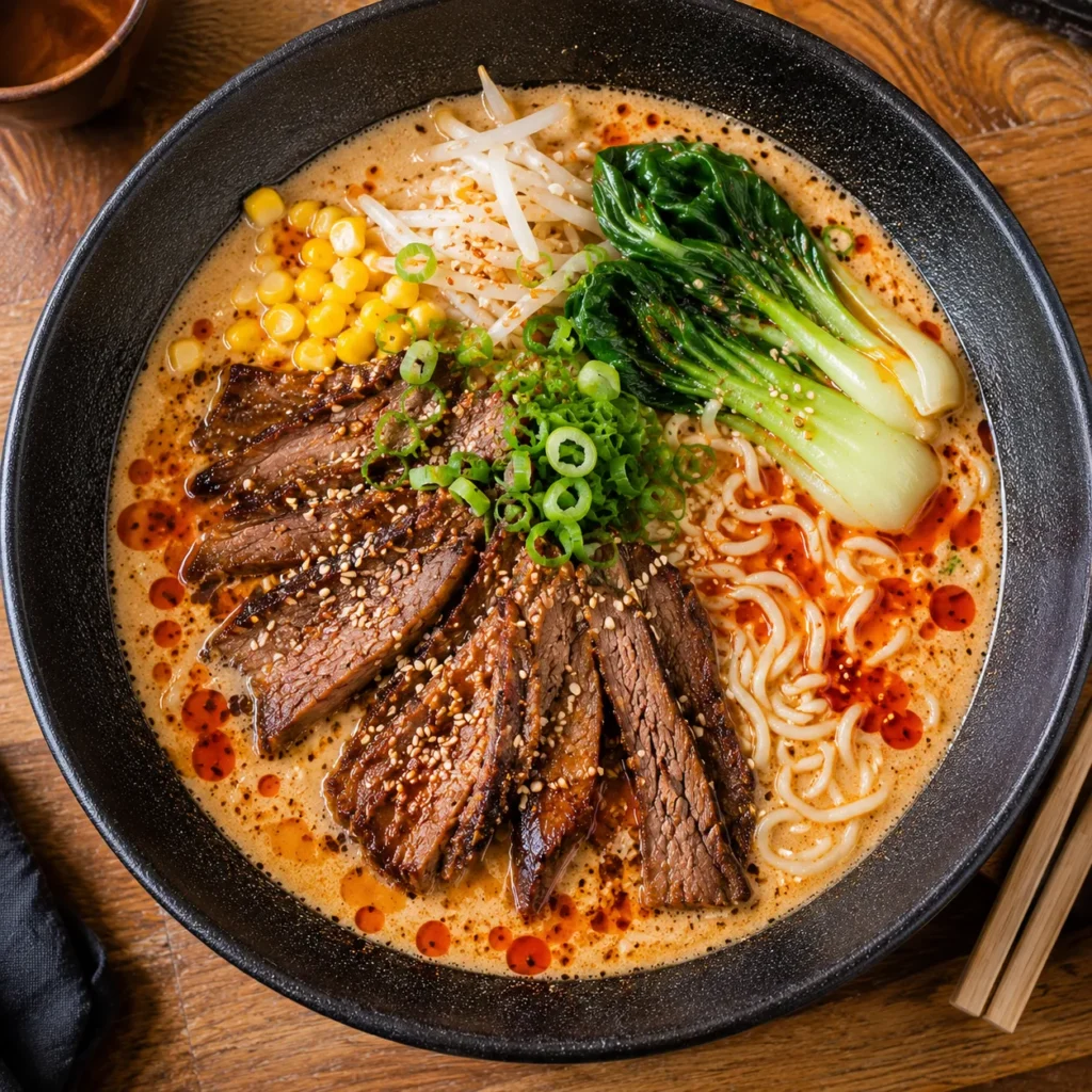Overhead view of Wagamama-style Tantanmen Beef Brisket Ramen with creamy sesame broth, beef brisket, vegetables, and ramen noodles
