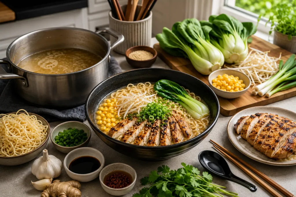 Homemade Grilled Chicken Ramen prepared with grilled chicken, rich chicken broth, ramen noodles, garlic, ginger, and fresh vegetables