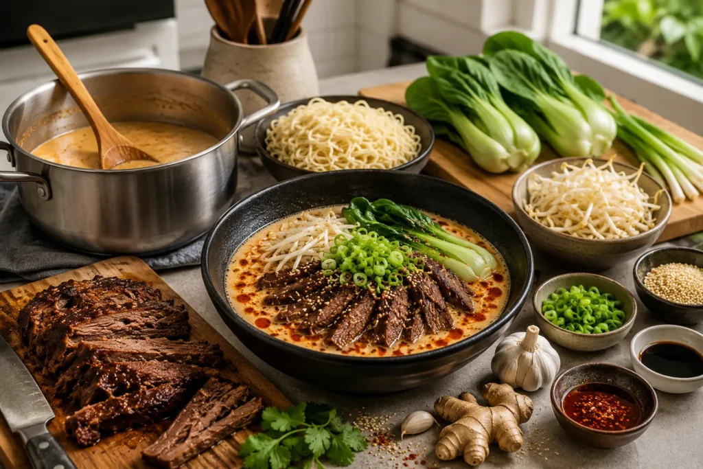 Homemade Tantanmen Beef Brisket Ramen recipe with slow-cooked beef brisket, creamy sesame broth, fresh ramen noodles, and vegetables