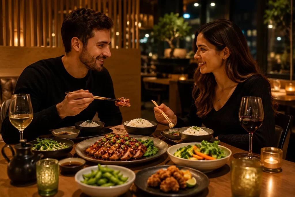 Couple enjoying Wagamama-style Grilled Duck Firecracker Sauce with steamed rice and Japanese side dishes in a cozy restaurant