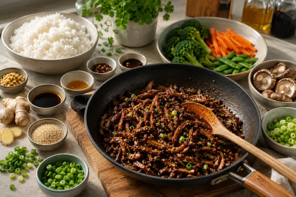 Homemade Pulled Shiitake recipe with fresh shiitake mushrooms, steamed rice, garlic, ginger, and vegetables