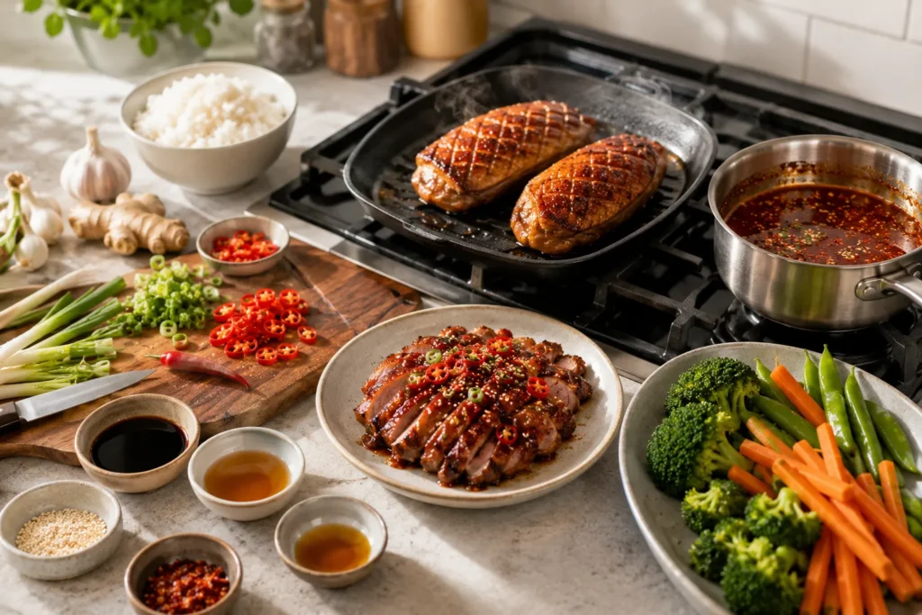 Homemade Grilled Duck Firecracker Sauce being prepared with duck breast, Firecracker sauce, steamed rice, vegetables, garlic, and ginger