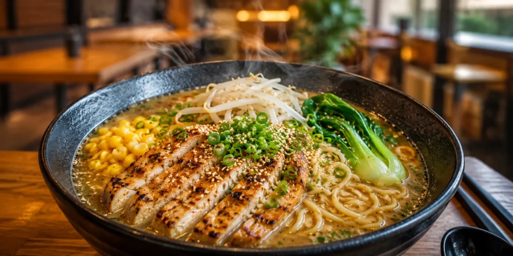 Wagamama Grilled Chicken Ramen served in savory chicken broth with grilled chicken, ramen noodles, and fresh vegetables