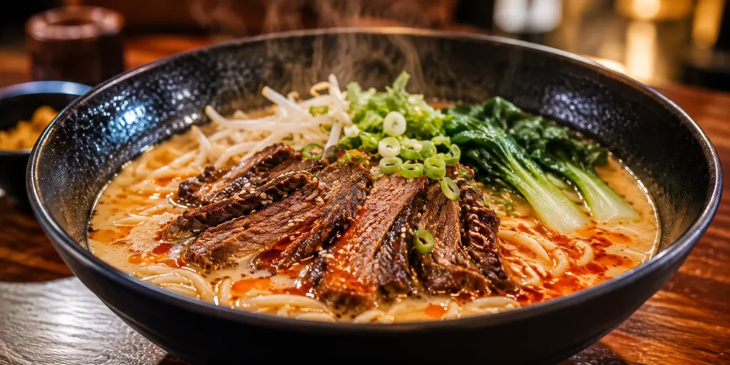 Wagamama Tantanmen Beef Brisket Ramen served in creamy sesame broth with tender beef brisket and fresh ramen noodles