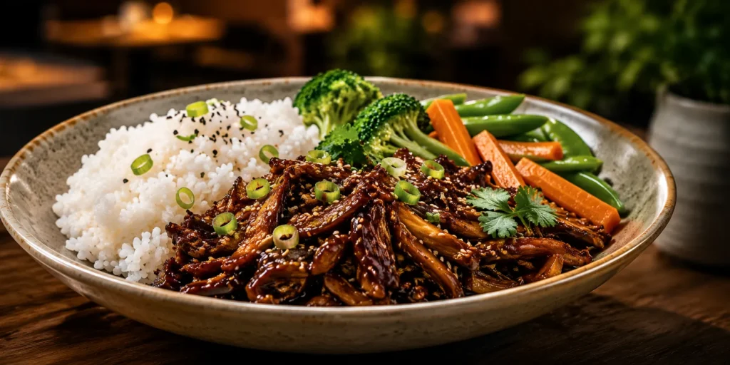 Pulled Shiitake Wagamama uk served with steamed rice and fresh vegetables in a Japanese-inspired restaurant