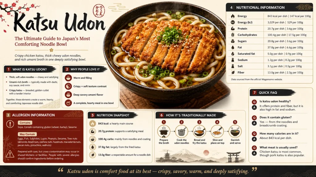 Bowl of katsu udon with crispy chicken cutlet and thick noodles in umami broth