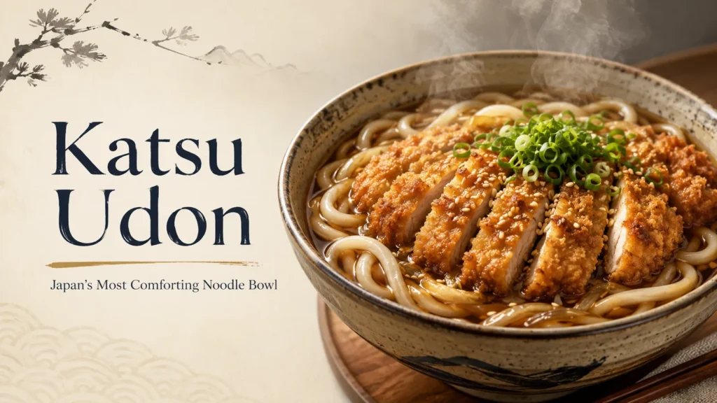 Bowl of katsu udon with crispy chicken cutlet and thick noodles in umami broth
